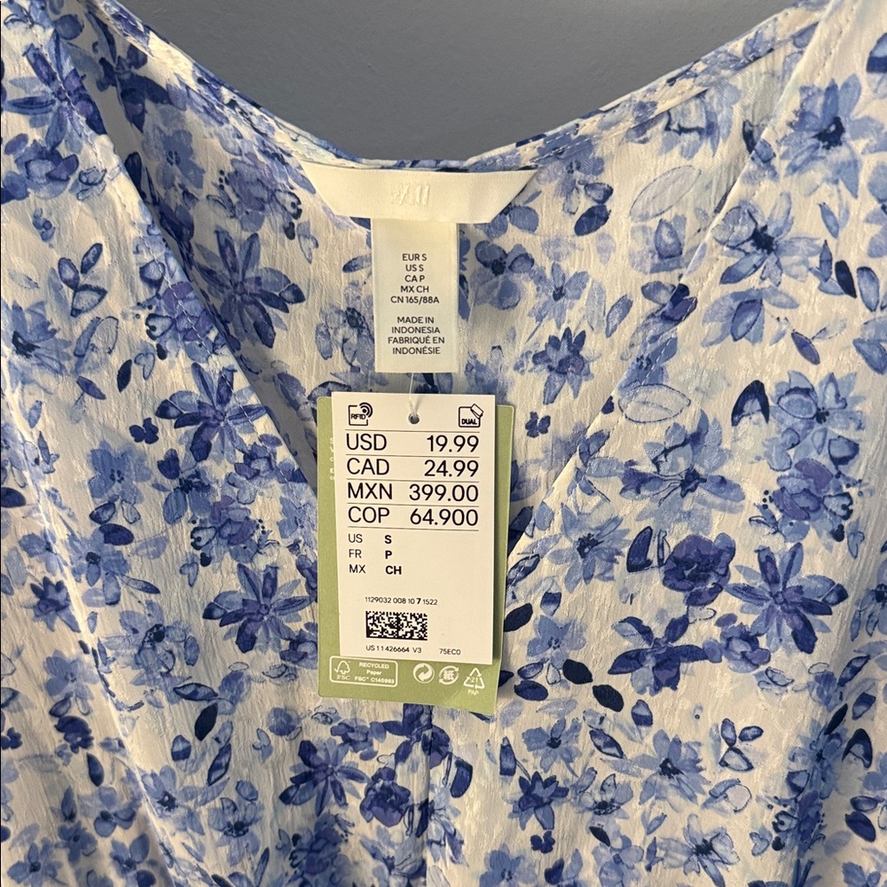 H&M Blue and White Floral Drawstring Blouse - Picture 3 of 5
